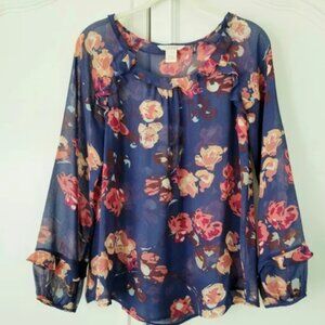 Sundance Blue Floral Silk Chiffon Ruffle Long Sleeve Pullover Top Womens Small